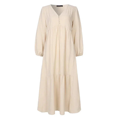 Vintage Cotton Linen Long Sleeve Dress Women Casual Autumn Maxi Robe V Neck Tiered Loose Vestido