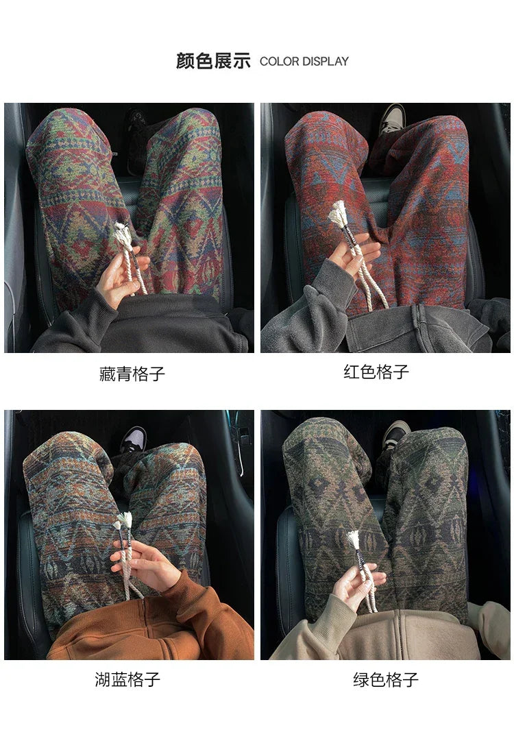 Wide leg pants Men's Vintage Geometric Knitted jacquard pants Casual Straight  Pants Ethnic Tribal Style Winter Trousers man