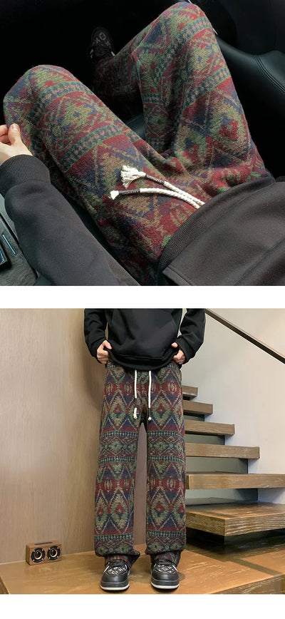 Wide leg pants Men's Vintage Geometric Knitted jacquard pants Casual Straight  Pants Ethnic Tribal Style Winter Trousers man
