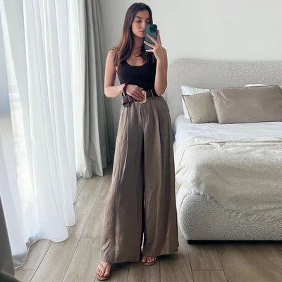 TRAF Women's Pants High Waist Wide Leg Pants with Belt Satin Long Trousers Pockets Casual Baggy Pants Summer Elegant Lady Pants