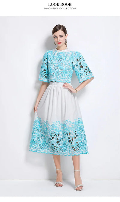 Summer Short Sleeve A-LINE Set Skirt for Women Fashion Ruffled Collar Embroidery Set Skirt Women Vestidos De Verano Mujer Q344