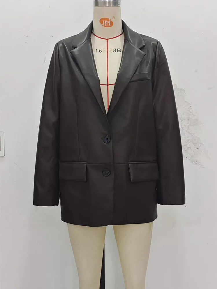 2025 Women Autumn Blazers Coats Casual Solid Loose Leather Single Breasted Female Elegant Street Blazer Outerwear Clothing