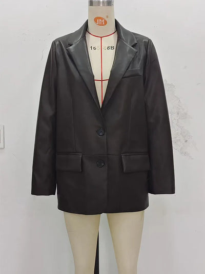 2025 Women Autumn Blazers Coats Casual Solid Loose Leather Single Breasted Female Elegant Street Blazer Outerwear Clothing