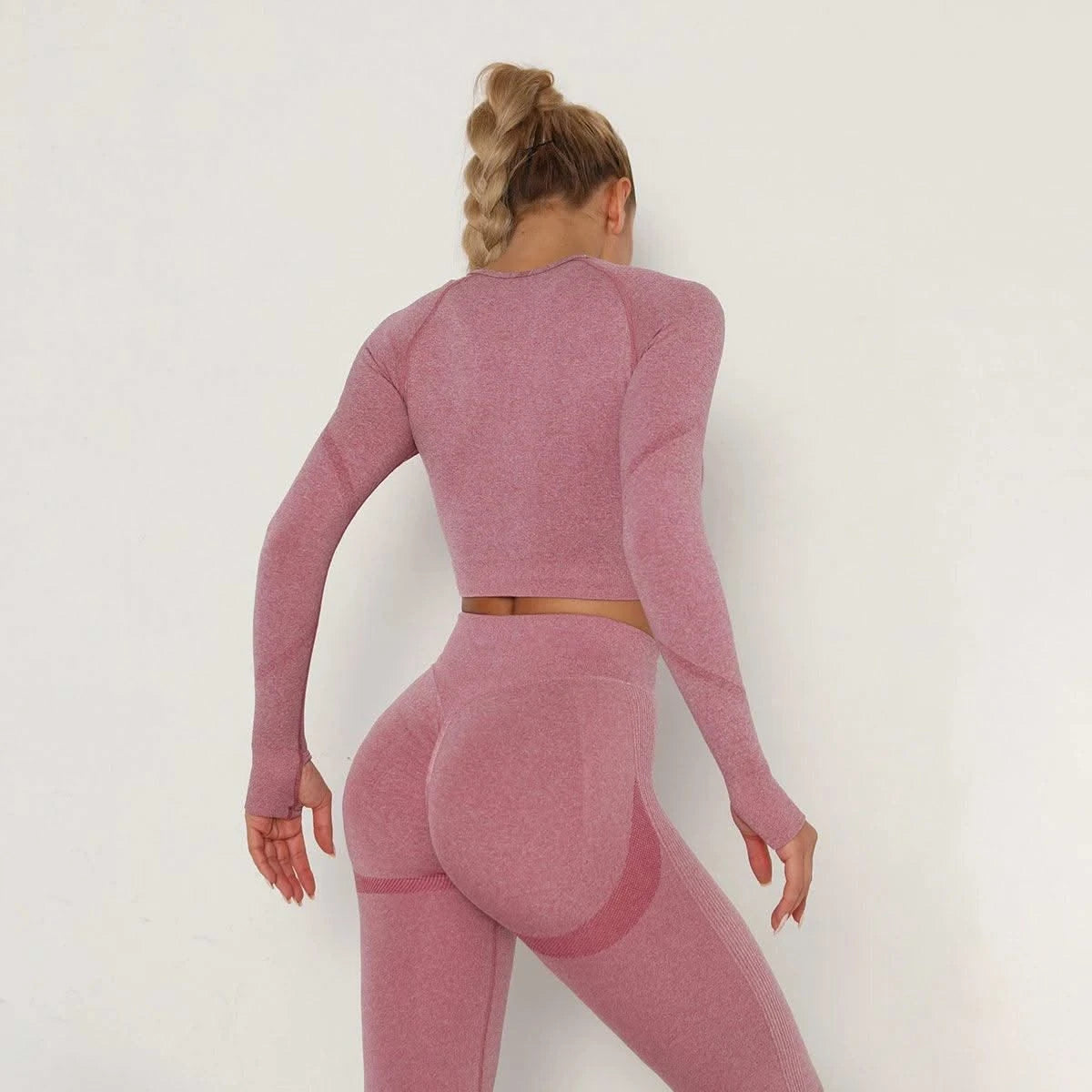 Woman Sports Yoga Top Knitted Shirt Seamless Athletic Crop Top  Long Sleeve