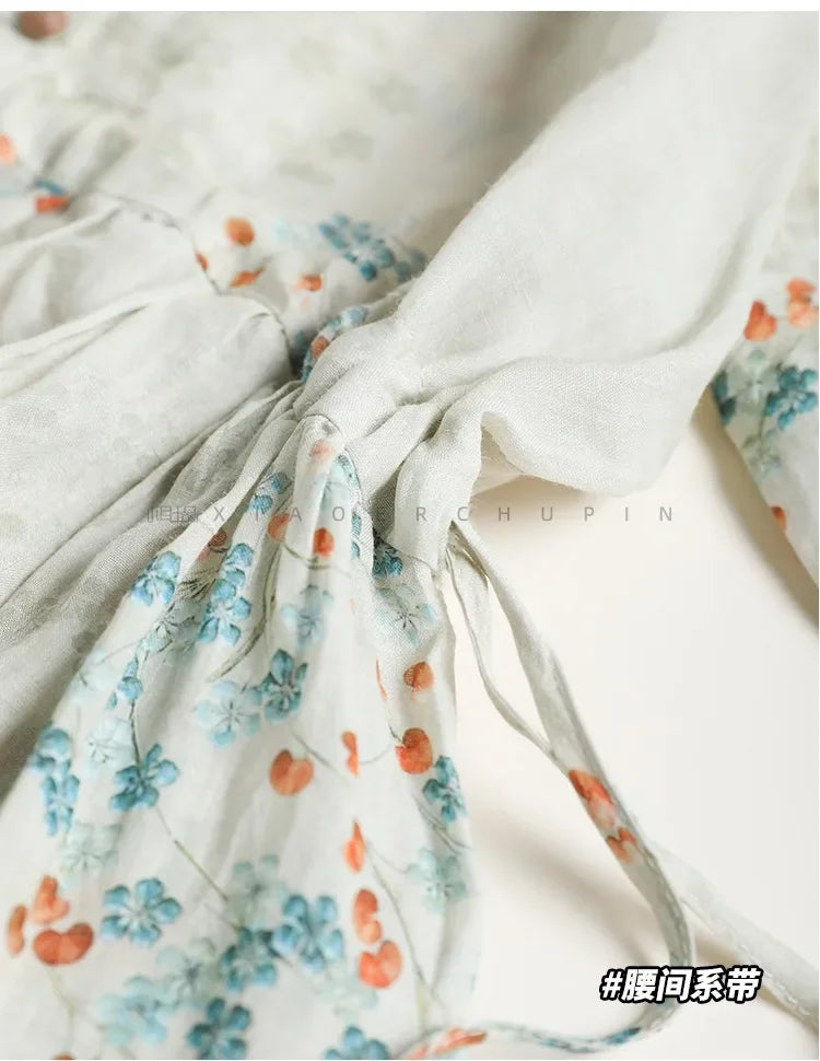 Summer Dress Women 2025 Long Print Elegant Clothing Vintage Elastic Waist Korean Beach Style V-Neck Fashion Robe Ropa De Mujer