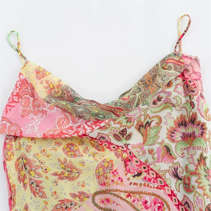 Women's Slip Dress 2024 New Fashion Summer Patchwork Print Backless Dresses for Women Casual Chic Ladies Midi Dress