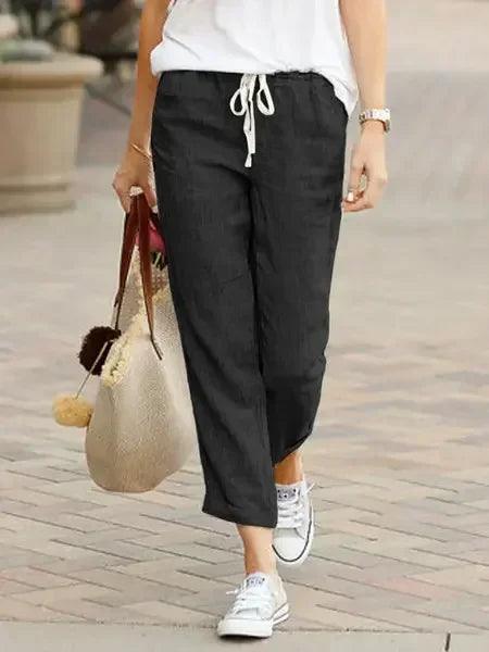 Cotton linen trousers for women solid color elastic waist casual pants drawstring loose autumn new female