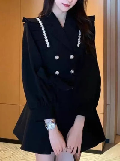 Autumn Elegant Blazer Dress for Women Female Double Breasted Solid A-line Evening Dresses Long Sleeve Female Casual Clothes 2024