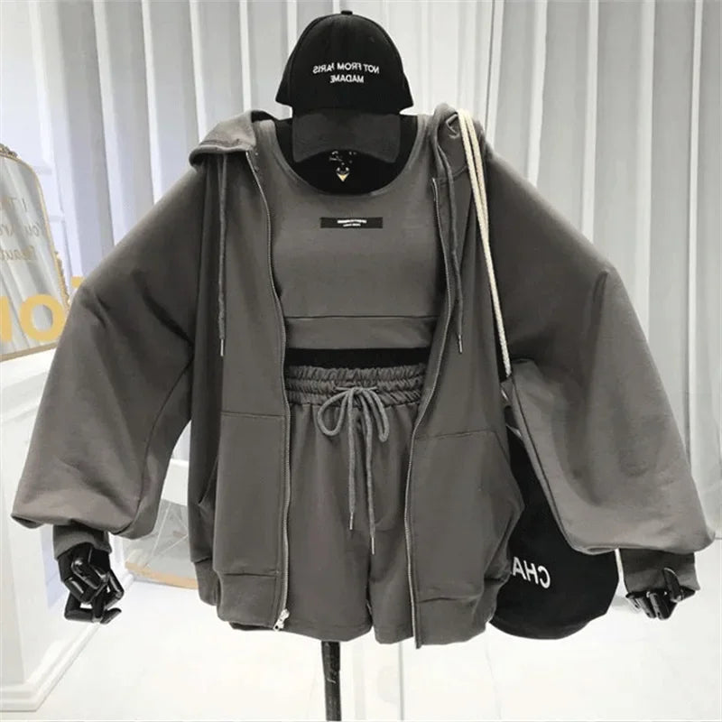 Shorts Three 3 Piece Sets Women Casual Vest Drawstring Short Hooded Zipper Jacket Sportswear Suits Y2k Streetwear Sports Hoodies