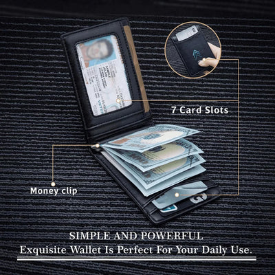 Slim Wallets for Men - Leather Money Clip Mens Wallet - RFID Blocking Front Pocket Bifold Wallet - Minimalist Credit Card Holder
