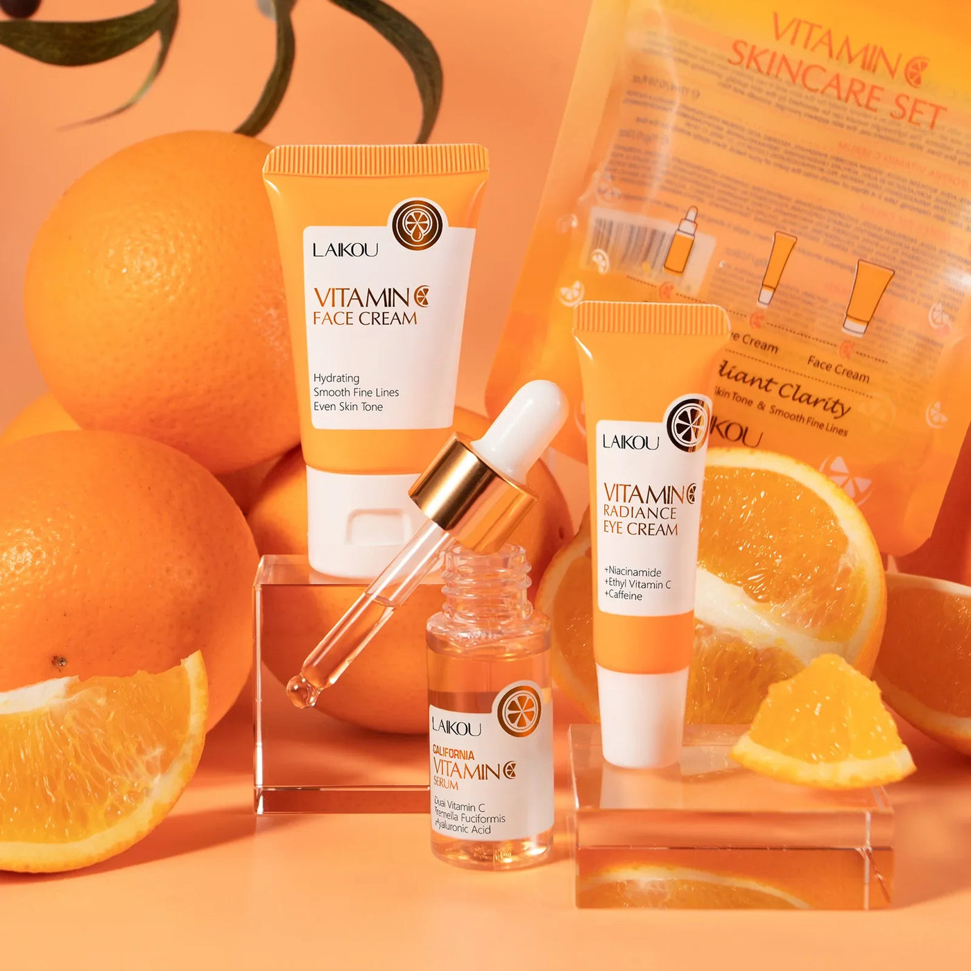 Vitamin C Skincare Set 3 Piece Serum Eye Cream Face Moisturizer Hydrating Firming Brightening Facial Care