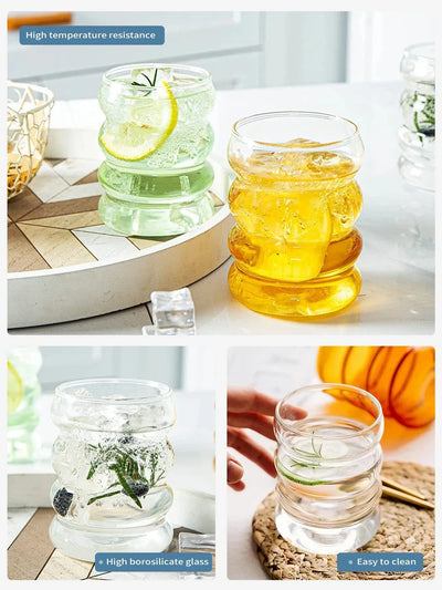 Leeseph 4Pcs Creative Glass Cups Coffee Mug Vintage Drinking Glasses Ribbed Glassware Aesthetic Cups with Straws Set