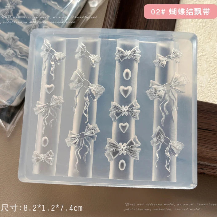 Geometric Bowknot Grid Lace Flora Edge Nail Art Silicone Carving Mold Mould Star Daisy Flower Charms Bow Tie Snowflake Template