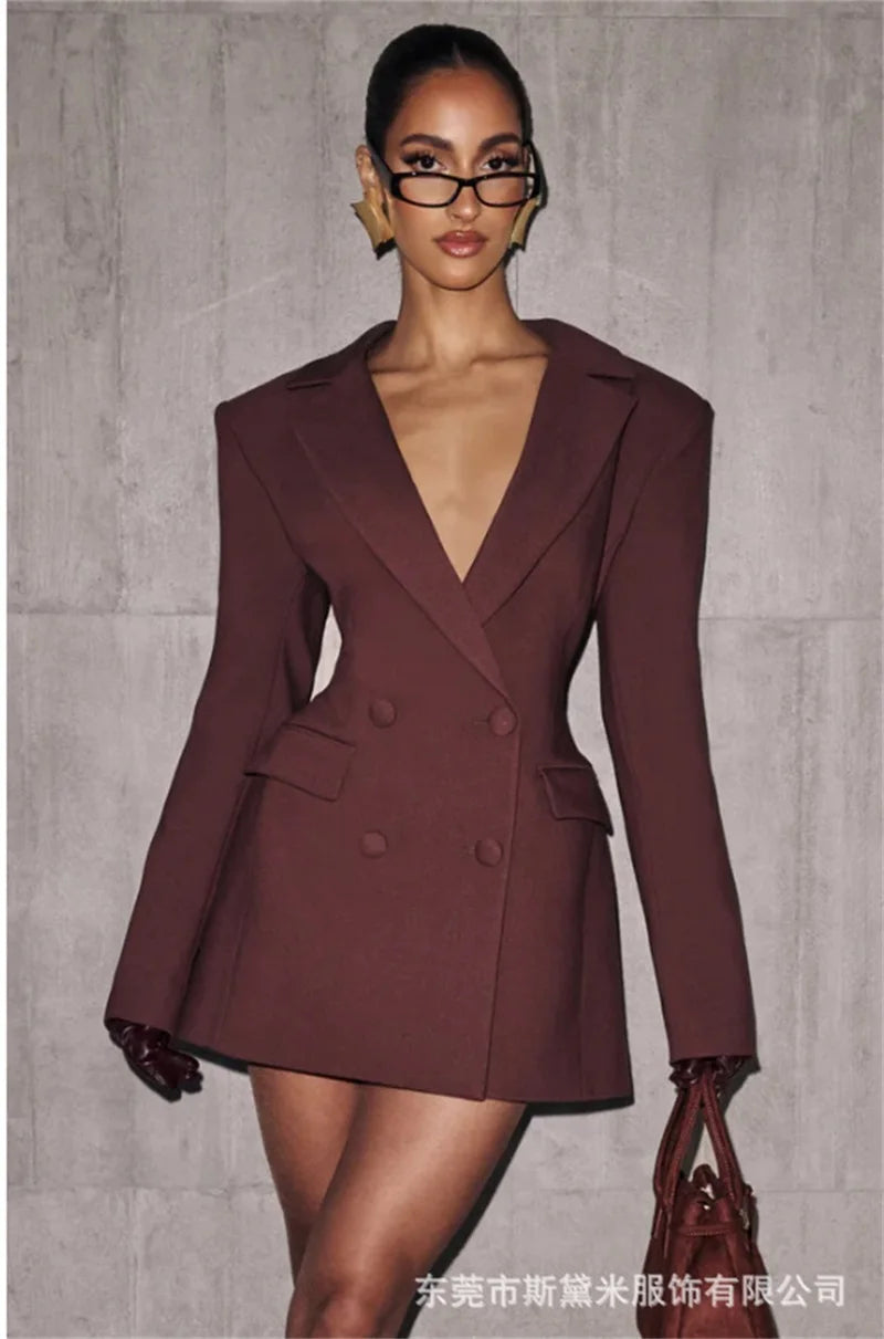 2025 New Black Women Double Breasted Blazer Elegant Belted Office Dress with Gold Buttons Slim Fit Trench Style Blazer