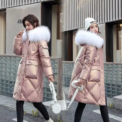 2025 Autumn Winter Hooded Fur Collar Long Parkas Mujer Thick Warm Down Cotton Padded Jacket Women Casual Hoodies Coat Female