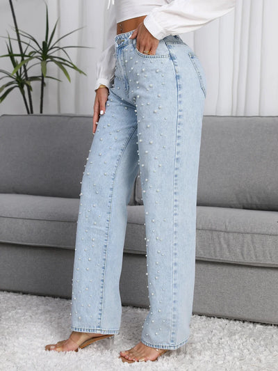 Women Straight-Leg Denim Jeans with Fashion Faux Pearl Detail Casual Style Non-Stretch Jeans Light Blue Mid-waist Denim Pants