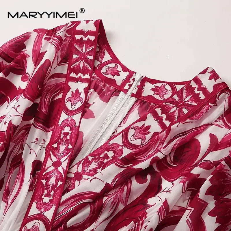 Seifrmann Spring Autumn Designer Women's V-neck Flying sleeve Lace up Print Loose Holiday robe Dresses