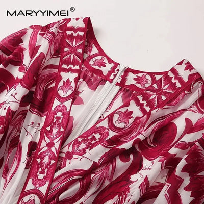 Seifrmann Spring Autumn Designer Women's V-neck Flying sleeve Lace up Print Loose Holiday robe Dresses