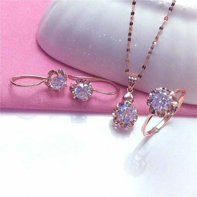 White shiny flower jewelry set plated rose gold earrings for women charms rings necklace elegant light luxury necklaces