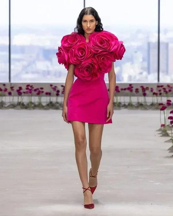 Beautiful fuchsia mini party dresses with handmade flower details short women to engagement