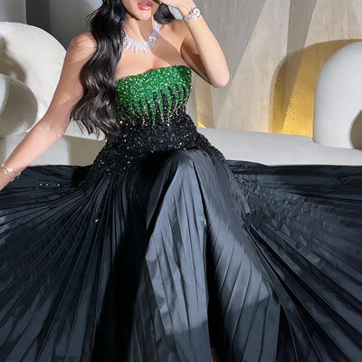 Sharon Said Luxury Beaded Black Green Strapless Dubai Evening Dress for Women Wedding Midi Formal Party Gowns SS224 Customized