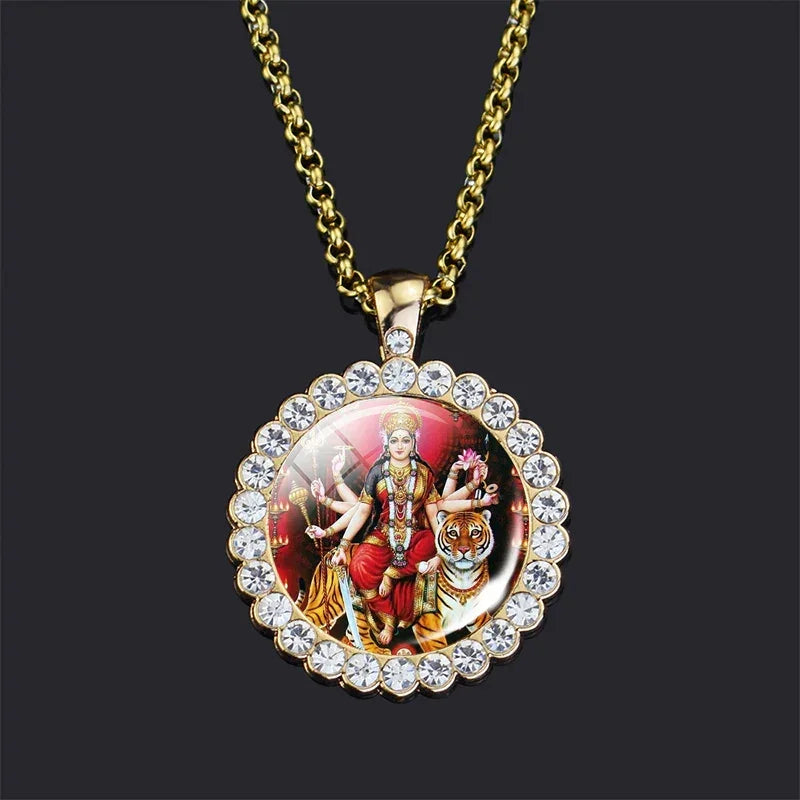 Shiva Parvati Necklace Hindu God Jewelry Vishnu Lakshmi Glass Rhinestone Pendant Chain Necklace Hinduism Jewelry