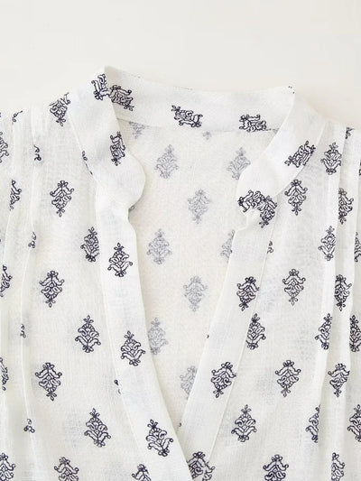 Women's Puffy Sleeve Linen Printed Top