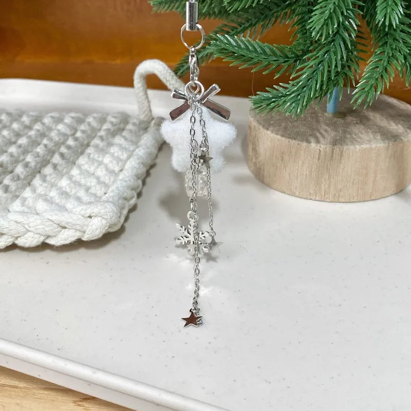 Winter Snowflake Keychain Phone Bag Straps Lanyard Plush Five Pointed Star Keychains Christmas Accessories for Women Girl Gifts