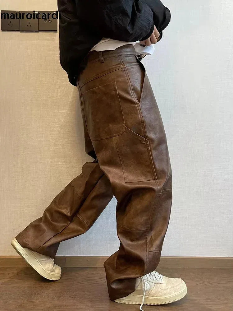 Mauroicardi Autumn Long Retro Cool Baggy Distressed Washed Brown Soft Pu Leather Wide Leg Pants for Men Luxury Designer Clothes