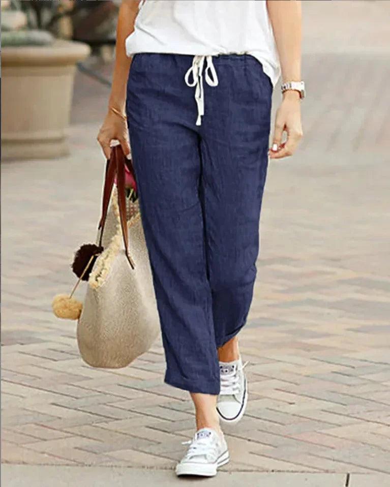 Cotton linen trousers for women solid color elastic waist casual pants drawstring loose autumn new female