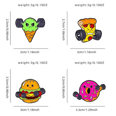 New Statement Fitness Food Man Collection Enamel Brooch Pizza Ice Cream Barbell Hamburg Donut Dumbbell Pins
