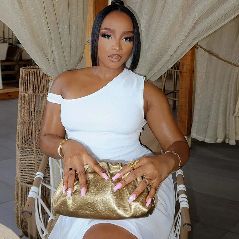 Women Sexy Dresses Summer 2025 Solid Color Sexy Slant Collar Midi Irregular Evening Dress Luxury Elegant Splicing Dress Vestidos