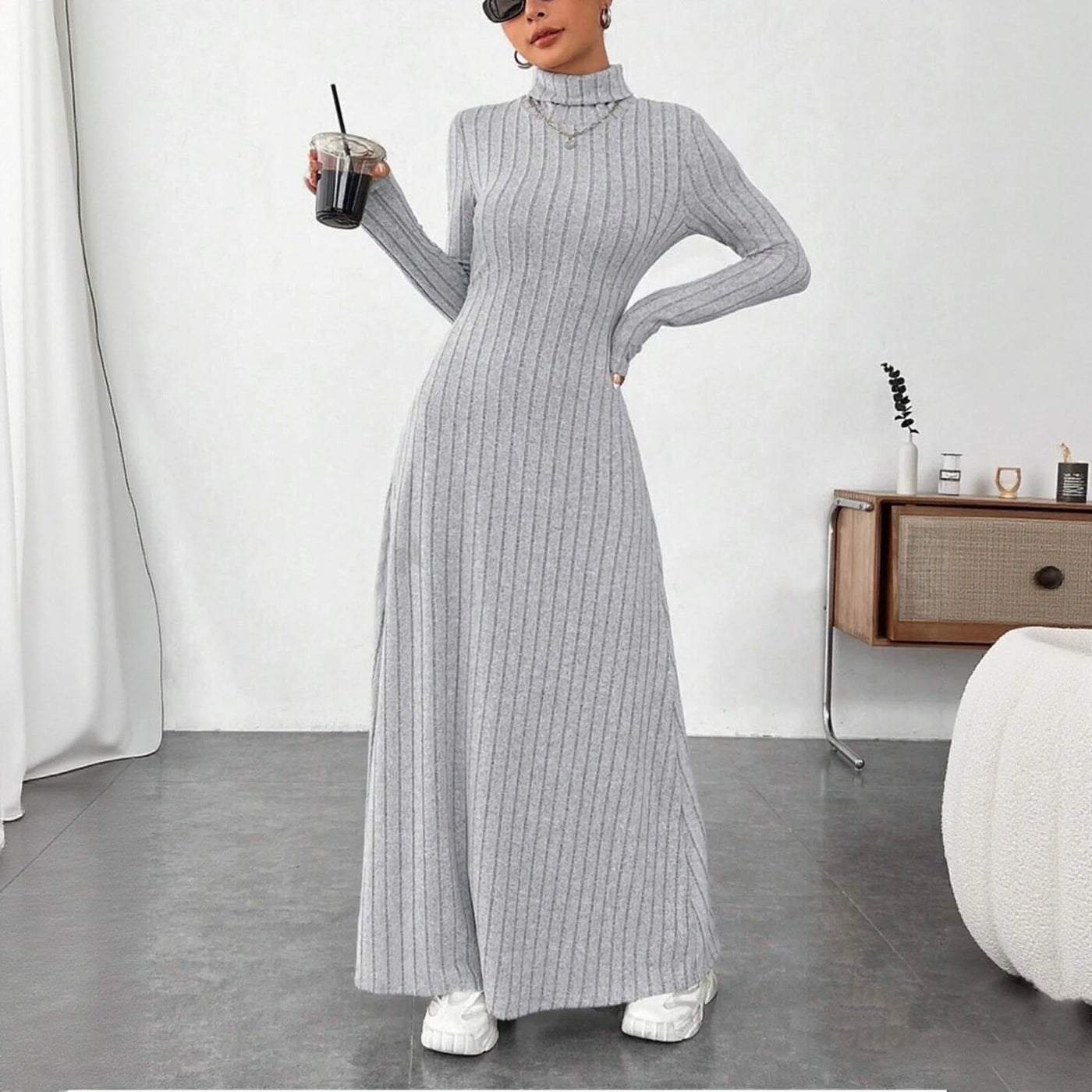 Knitted Elegant Long Sleeve Dress Women 2025 Autumn Winter Vintage Dresses Turtleneck Fashion Solid Vestidos Casual Street Y2K