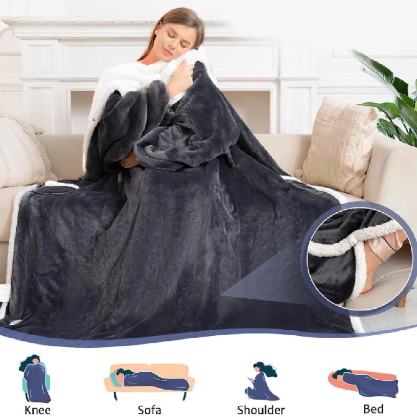 Heated Blanket with Sleeves Hood and Foot Pocket Flannel 10 Heating Levels Electric Wearable Blanket with 3 Time Settings