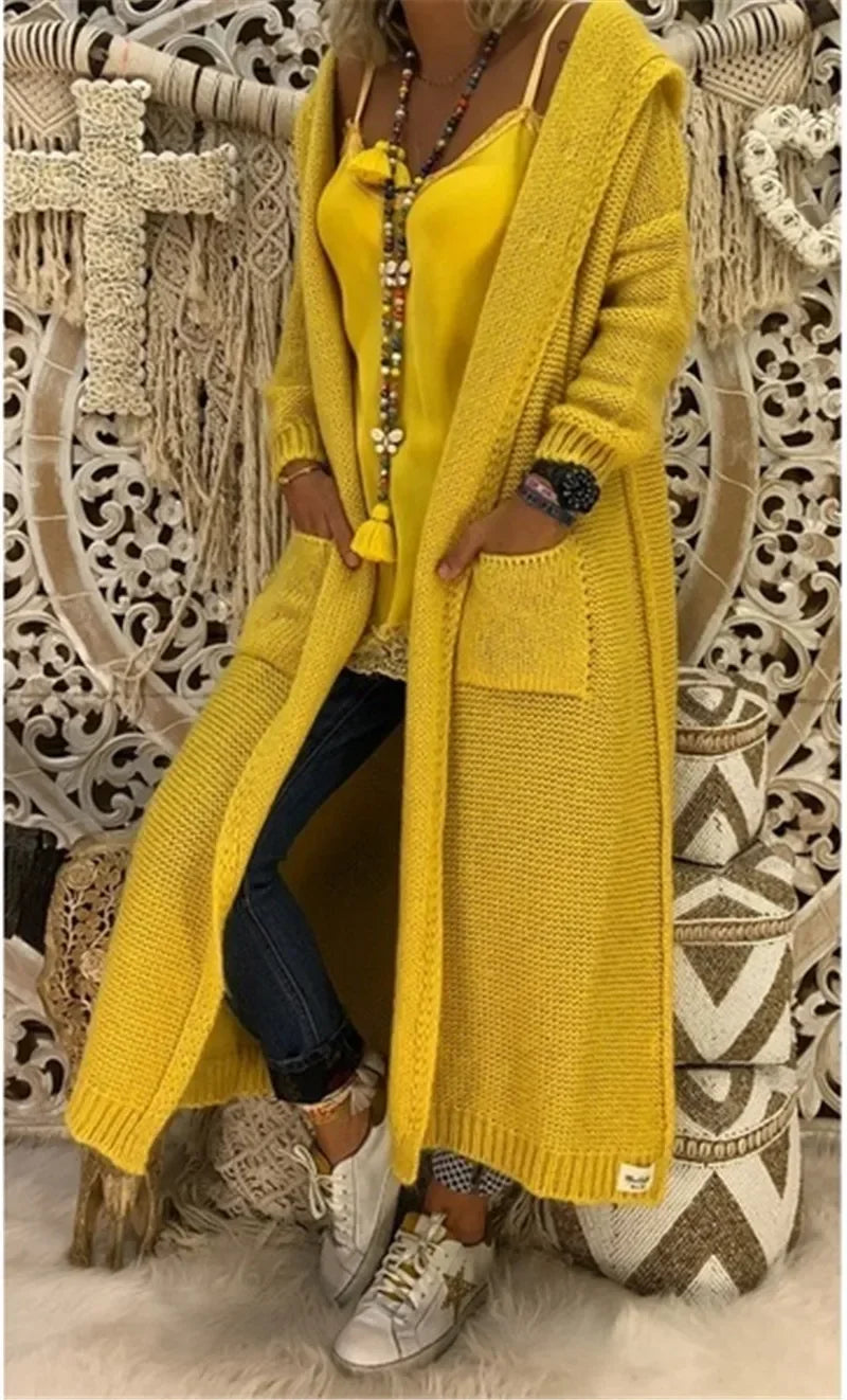 Long Sweater Women Knitted Cardigan Autumn Winter Solid Color Loose Hooded Pocket Casual Fashion Sweaters Lugentolo