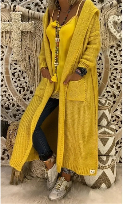 Long Sweater Women Knitted Cardigan Autumn Winter Solid Color Loose Hooded Pocket Casual Fashion Sweaters Lugentolo