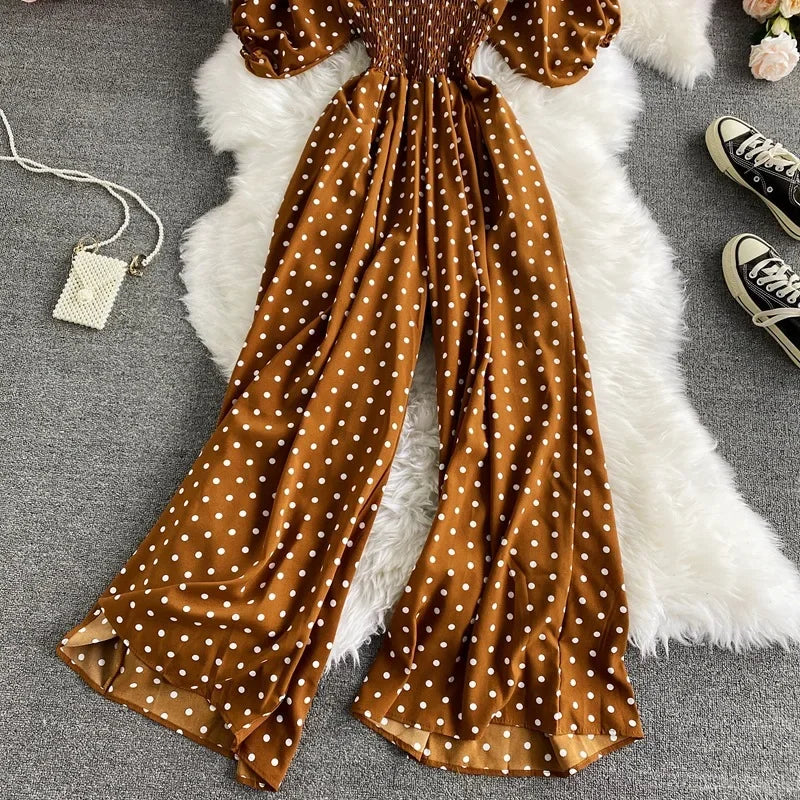 V Neck Sexy Dolman Sleeves Waist Slim Polka Dot Print Jumpsuit Women Wide Leg Trousers Jumpsuit