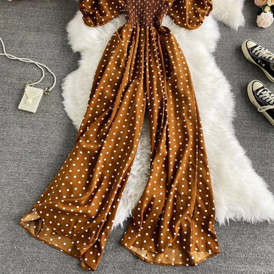 V Neck Sexy Dolman Sleeves Waist Slim Polka Dot Print Jumpsuit Women Wide Leg Trousers Jumpsuit