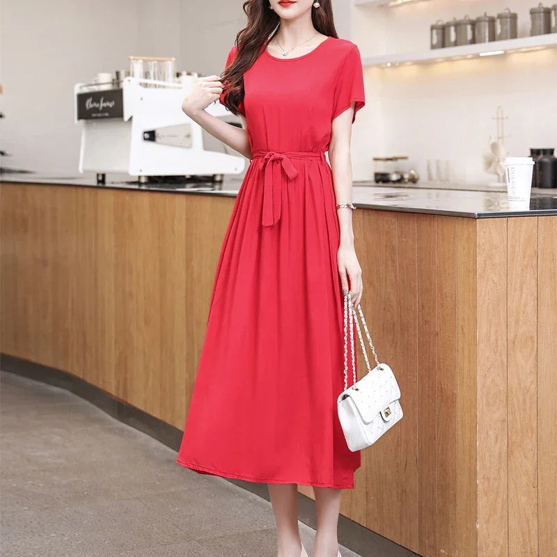New Fashion Summer Dresses For Women 2025 Elegant Casual Short Sleeve Midi Dress Soild Colour Women Clothing