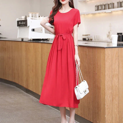 New Fashion Summer Dresses For Women 2025 Elegant Casual Short Sleeve Midi Dress Soild Colour Women Clothing