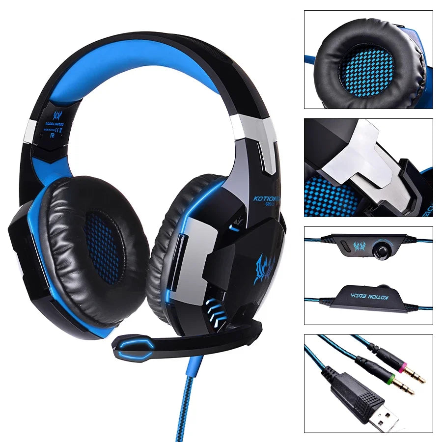 Gaming Headset Wired Gaming Headphones with Noise Cancelling Mic LED Lights Soft Memory Earmuffs for PS5/ PS4/Laptop/PC
