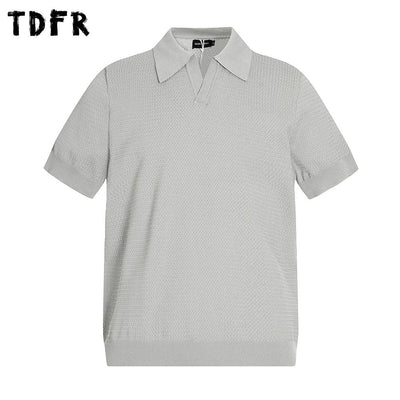 Solid Color Knitted Polo Shirts Mens Simple Summer Retro Casual Loose Half-Sleeve Lapel Tops Men