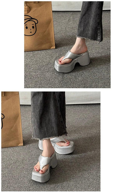 Women's Summer Outdoor Platform Sandals Flip Flops High Heel Thi Bot Clog oes Heightening Slippers Korean Sle PU Mat...