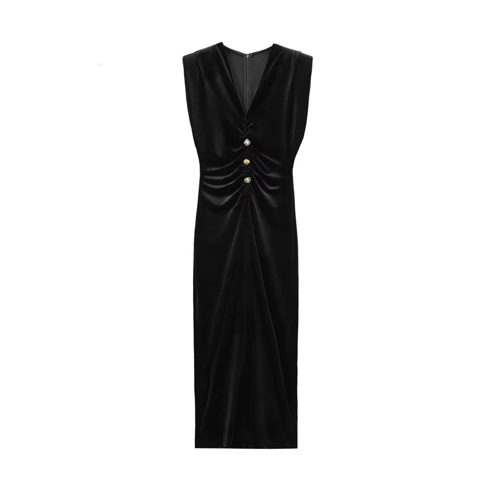 Women's Draped Velvet Midi Dress with Buttons, V Neck, Sleeveless, Female Dresses, Chic Fashion