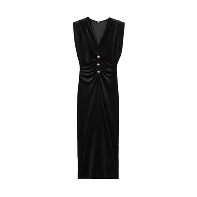 Women's Draped Velvet Midi Dress with Buttons, V Neck, Sleeveless, Female Dresses, Chic Fashion