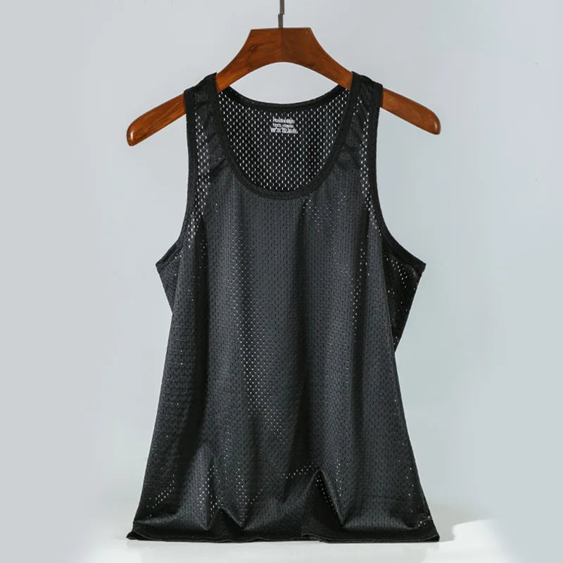 Men's Ice Silk Mesh Tank Tops Gym Stringer Transparent Bodybuilding Sleeveless Shirt Fitness Vest Male mesh Muscle Singlets