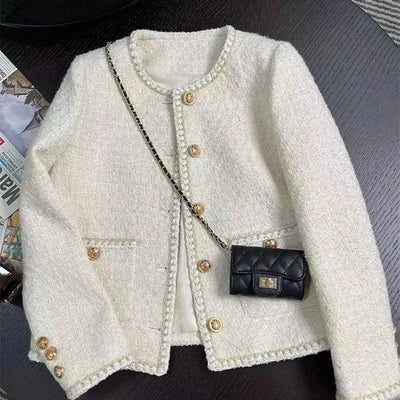Women Vintage Jacket Autumn Winter Coat Off White Crop French Tweed