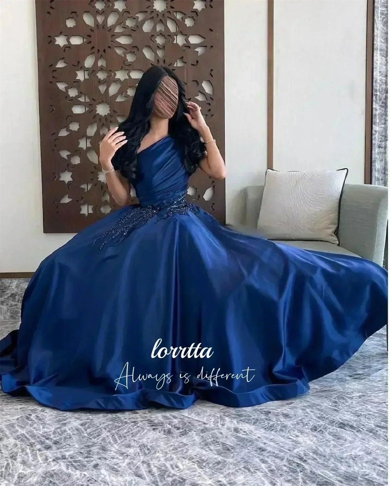 Luxury woman women’s evening dress dark blue satin glitter trim line a graduation dresses party elegant prom wedding