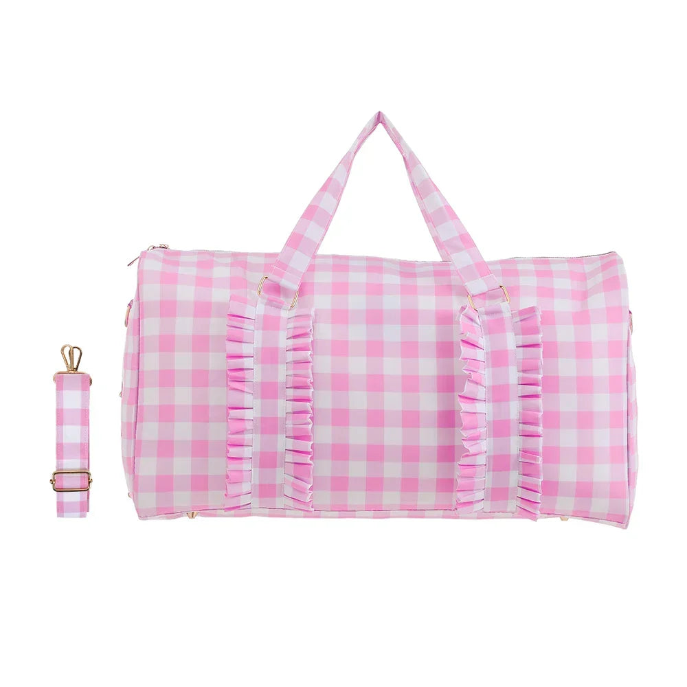 Nylon Duffel Bag Women Ruffle Duffle Gingham Weekend Sports Overnight Travel Vacation Gift Stripe Detachable Adjustable Strap