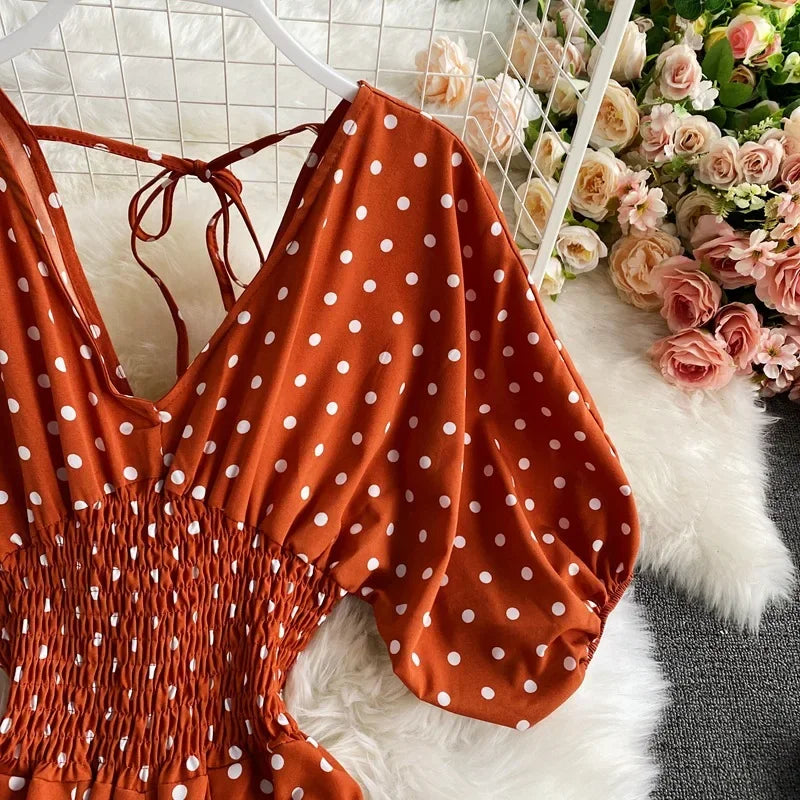 V Neck Sexy Dolman Sleeves Waist Slim Polka Dot Print Jumpsuit Women Wide Leg Trousers Jumpsuit